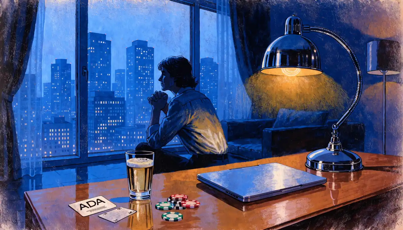 Abendliche Szene mit Schreibtisch, Krypto-Karte und Casino-Chips in moderner Wohnung.