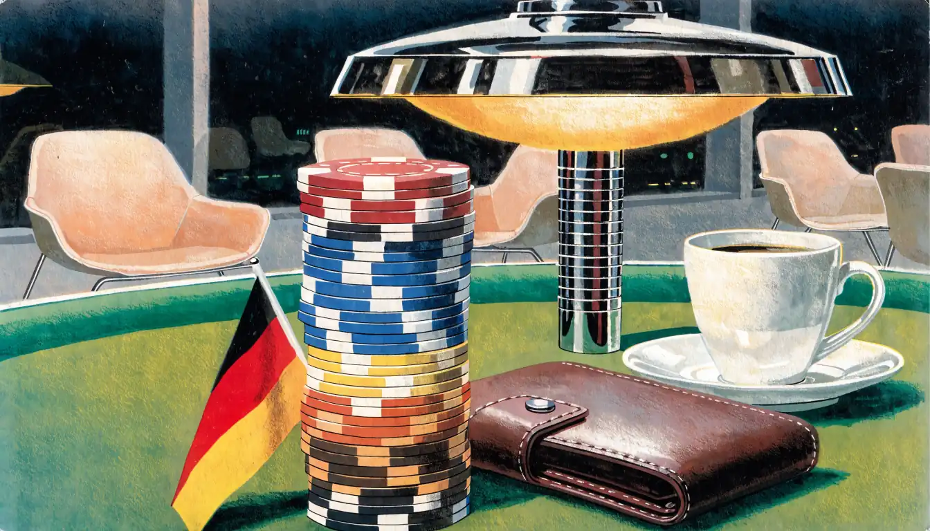 Gedeckter Spieltisch mit Casino-Chips, geschlossener Geldbörse und Kaffee in deutschem Ambiente.