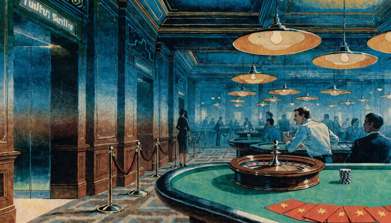 Stimmungsvolle Casino-Lounge mit Roulettetisch, Chips und Geschenkumschlägen mit Freispielen.
