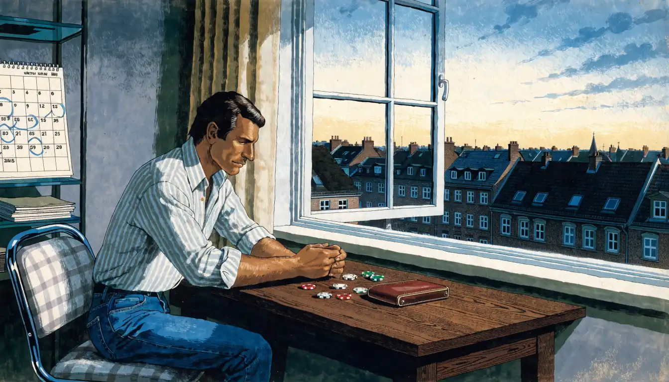 Modernes Berliner Apartment am Abend mit Spielchips und Kalender auf dem Tisch