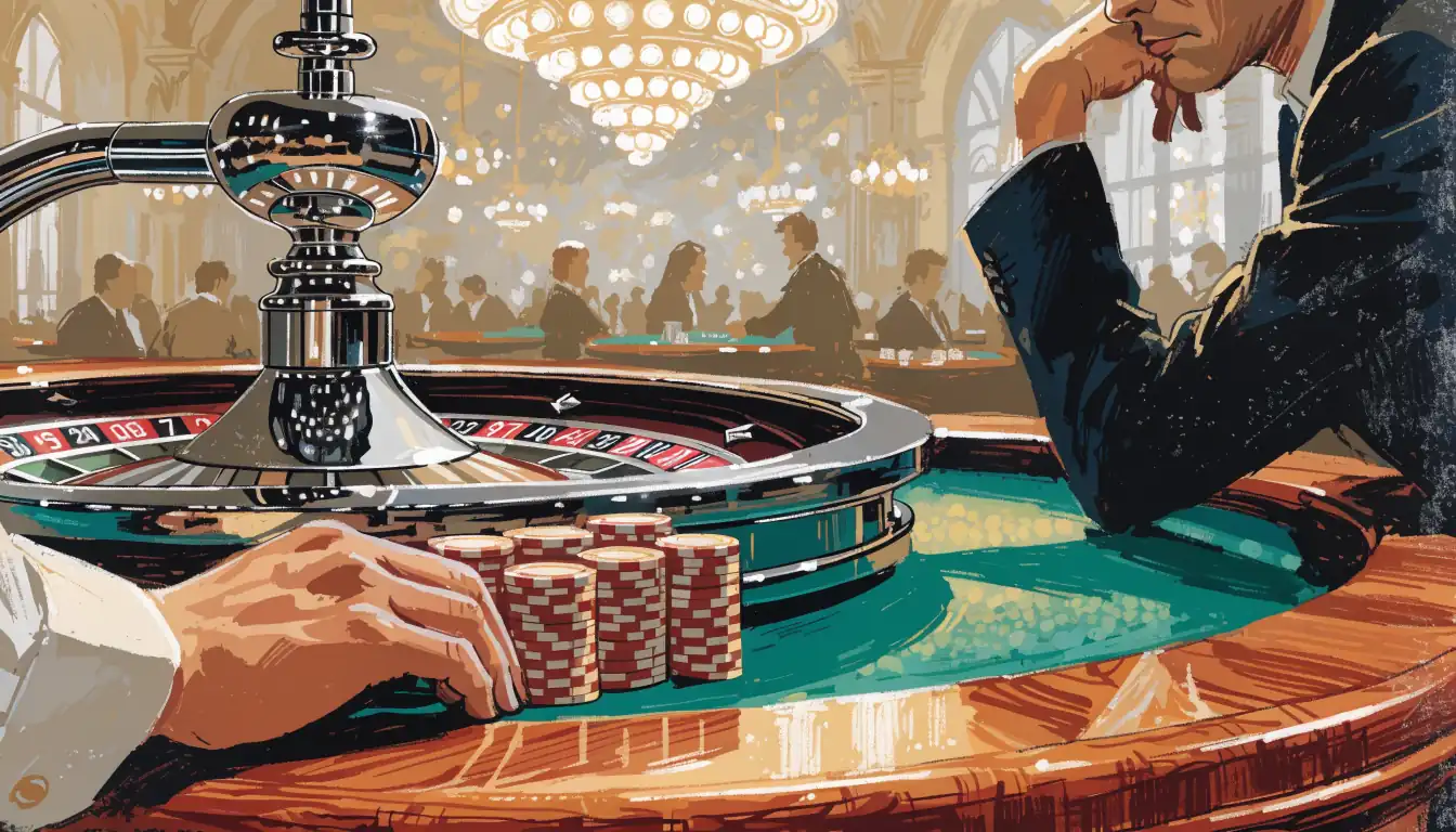 Roulette-Tisch mit Chips und Croupier in elegantem Casino-Ambiente