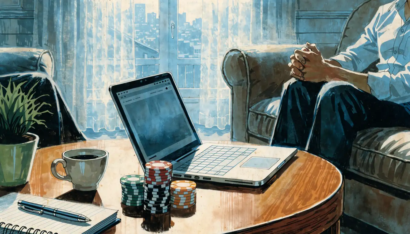 Wohnzimmer mit Laptop, Spielchips und Kaffeetasse auf dem Tisch