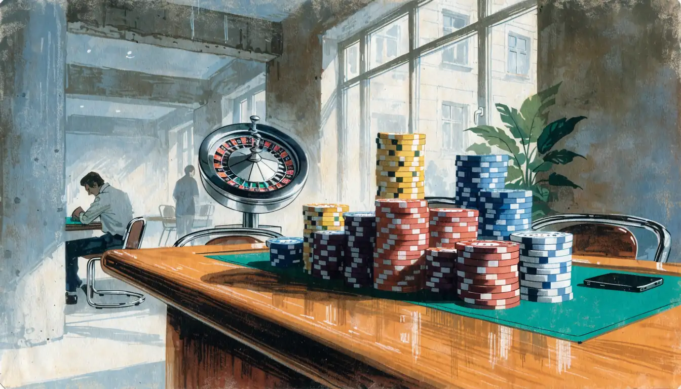 Moderner deutscher Casino-Lounge-Bereich mit Chips, Roulette und Smartphone