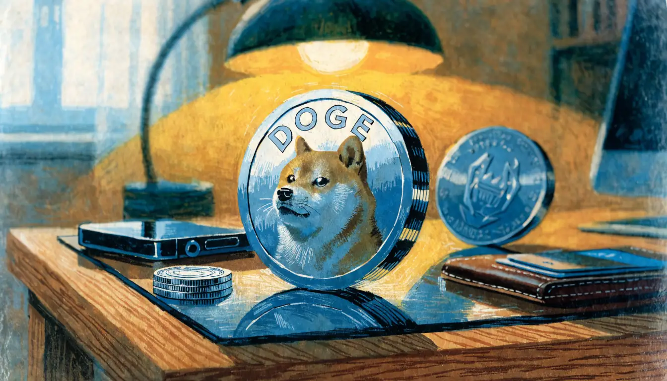 Dogecoin-Münze auf Schreibtisch mit Chips und Smartphone bei warmem Licht.