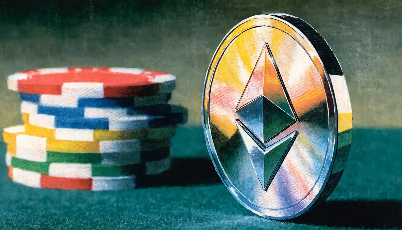 Ethereum-Münze neben Spielchips auf grünem Filz