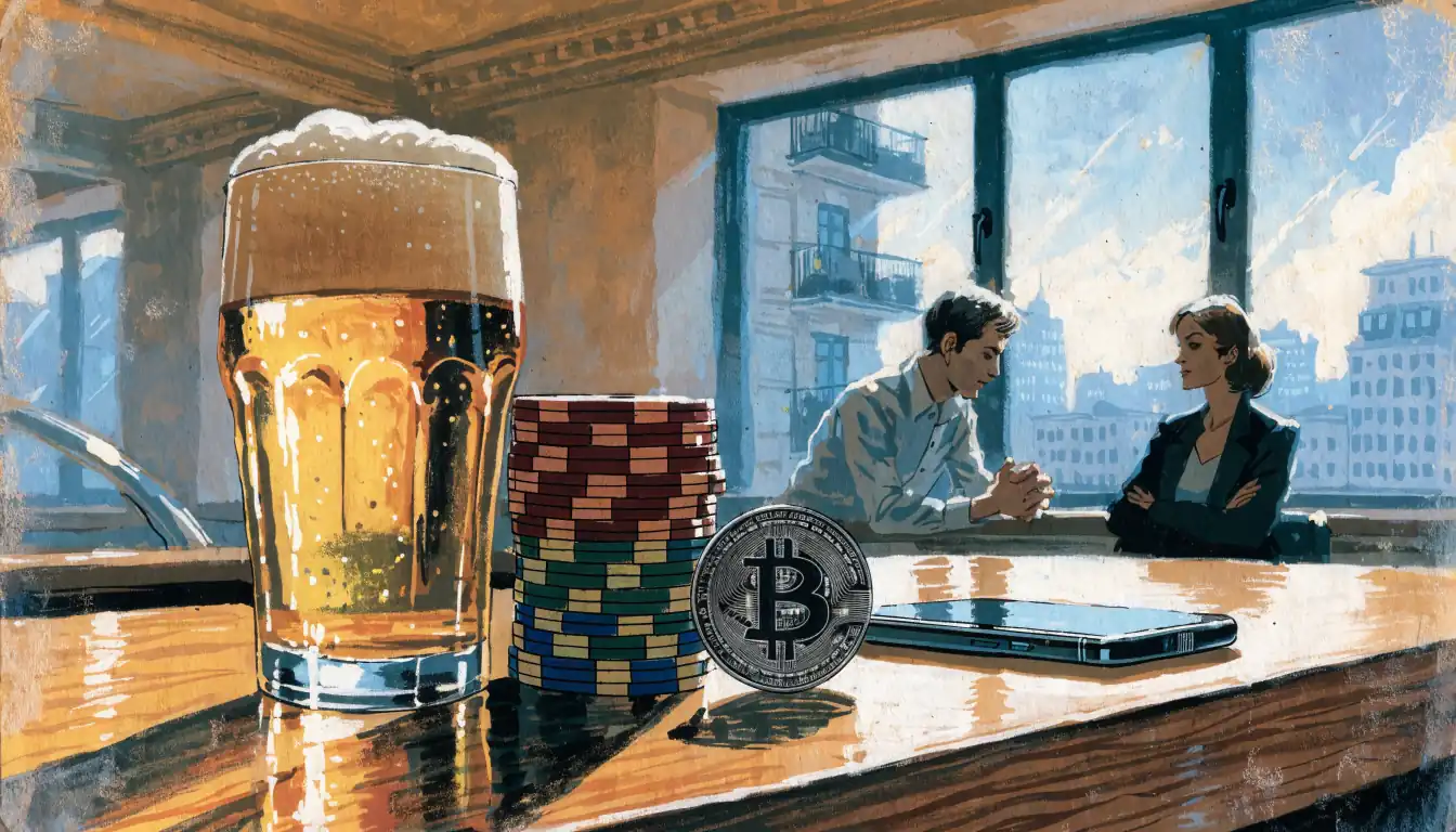 Casino-Chips und eine Bitcoin-Münze auf einer Theke in einer modernen Berliner Wohnung.