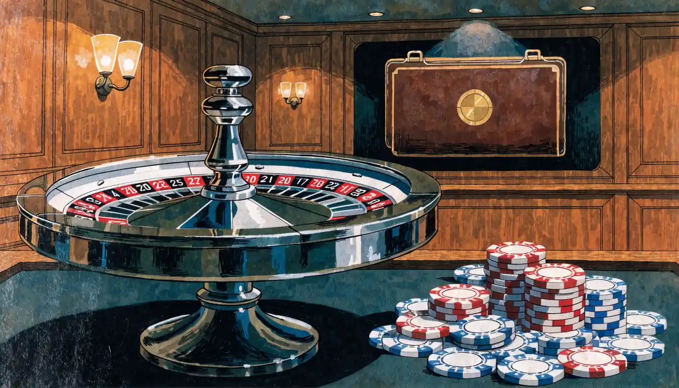 Roulette und Casino-Chips auf einem Tisch mit offizieller Lizenzmappe im Hintergrund