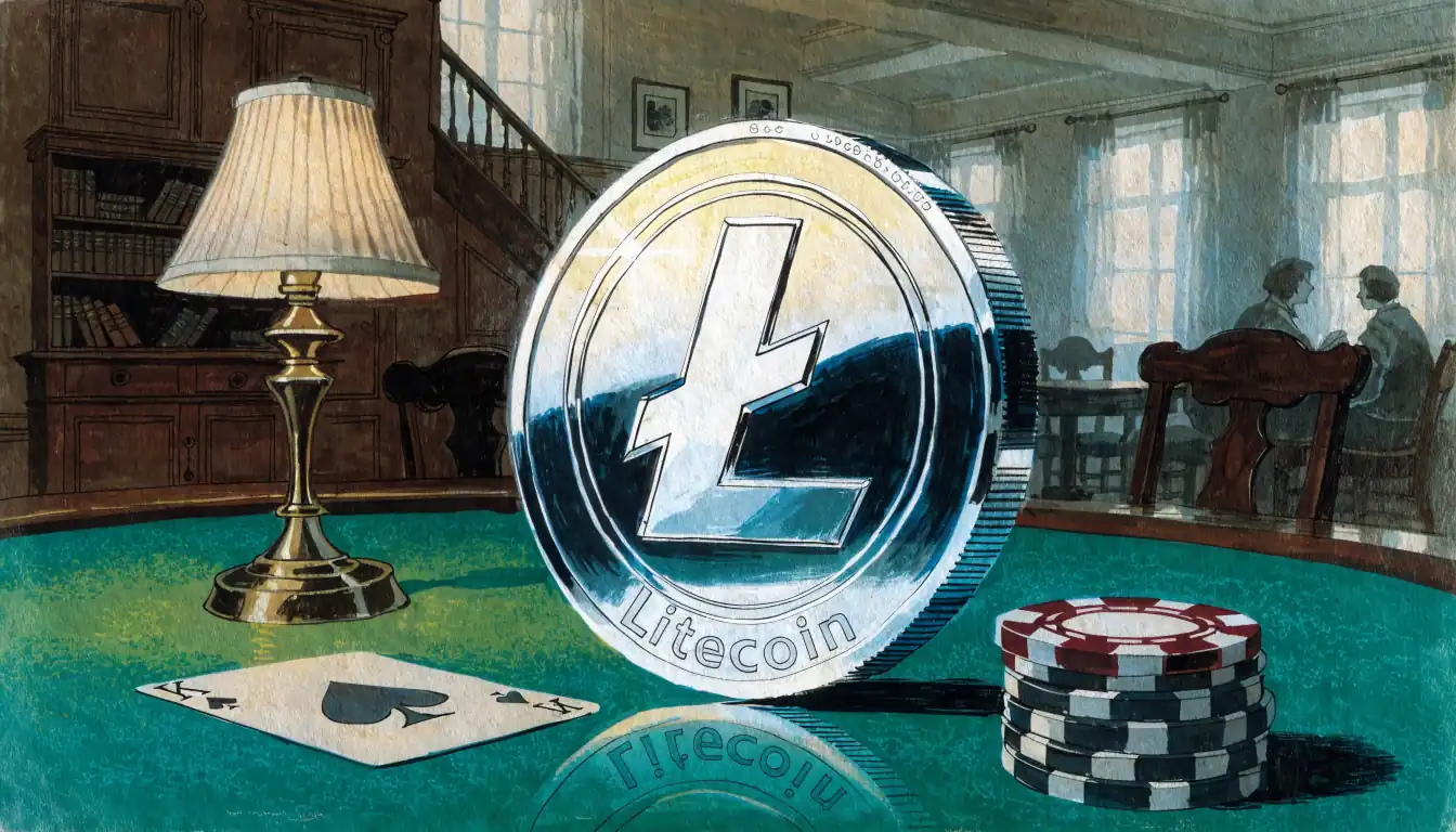 Silberne Litecoin-Münze auf grünem Filztisch mit Spielchip und Spielkarte in einem deutschen Casino-Raum.