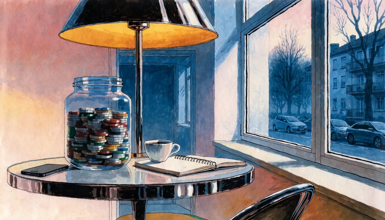 Casino-Chips in einem Glas auf einem Tisch mit Smartphone und Kaffee in einer deutschen Wohnung.
