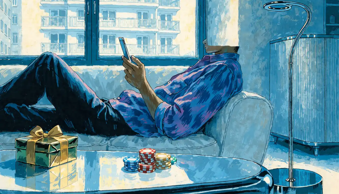Person auf dem Sofa, Smartphone in der Hand, Spielchips und Geschenkbox auf dem Couchtisch