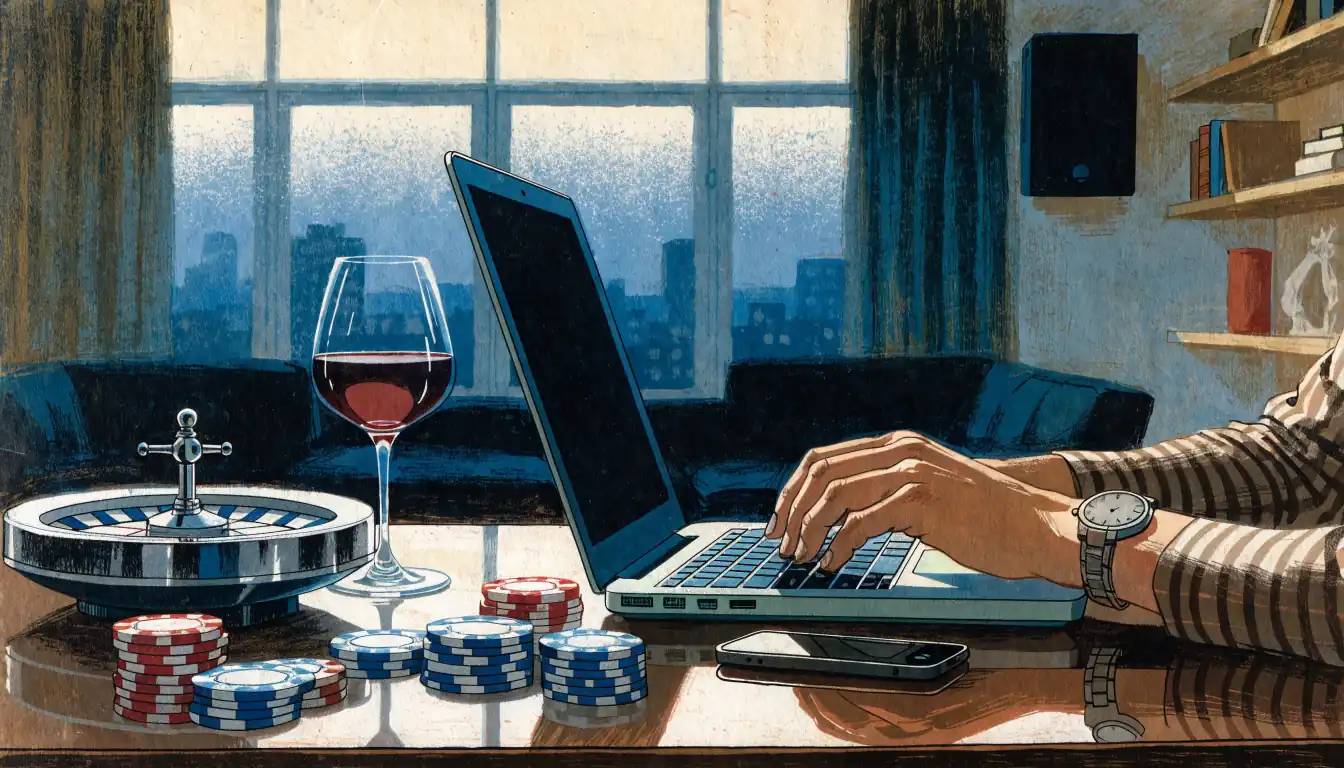 Laptop auf Tisch mit Casino-Chips, Roulette und Weinglas bei warmem Abendlicht.