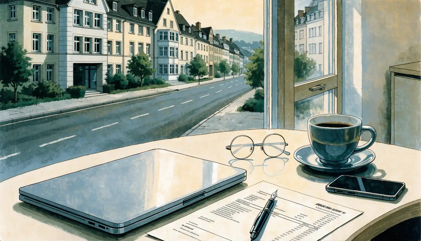 Schreibtisch mit gedruckter Rechnung, geschlossenem Laptop und Kaffeetasse in einem deutschen Homeoffice.