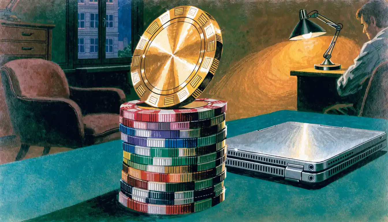 Stapel bunter Casino-Chips mit geschlossenem Laptop auf einem Spieltisch in modernem Wohnzimmer.