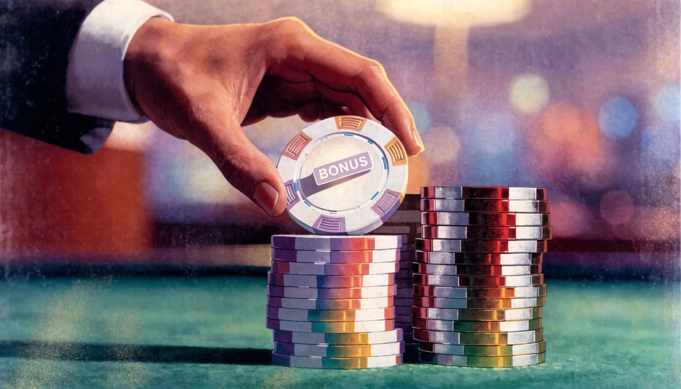 Zwei Stapel Casino-Chips auf Filztisch, Spieler verschiebt Bonus-Chip