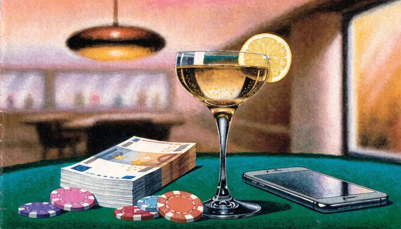 Euro-Banknoten und bunte Stare auf einem Spieltisch in gemütlicher Abendstimmung.