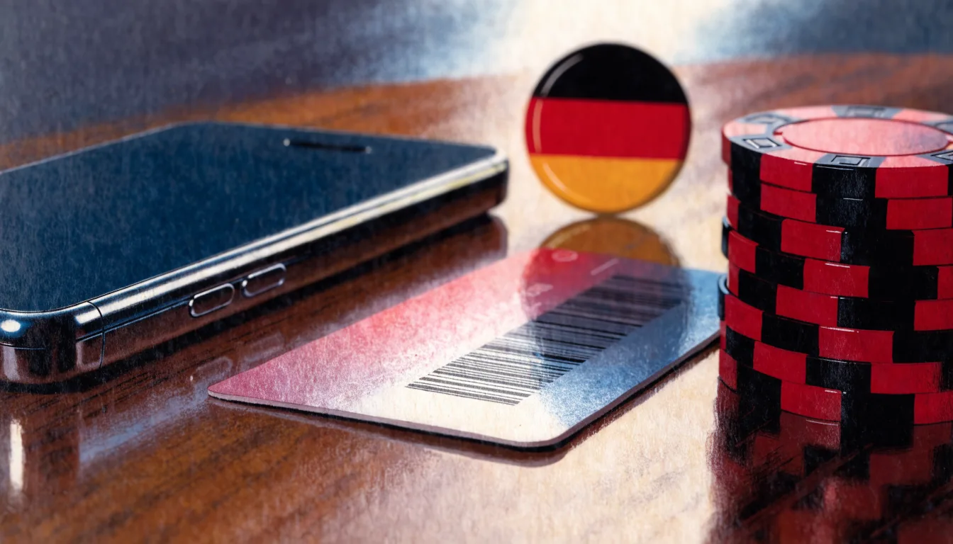 Smartphone auf Tisch mit Gutschein, Casino-Chips und Deutschland-Flagge.
