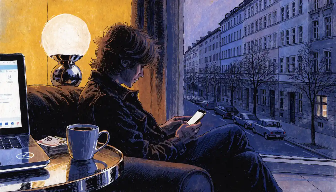 Abendliche Szene im Wohnzimmer mit Smartphone, Laptop und Euro-Scheinen auf dem Tisch.