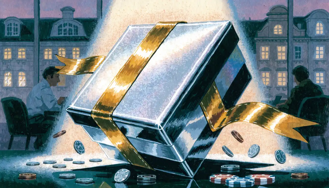 Geschenkbox mit Goldband und Casino-Chips auf Filzunterlage