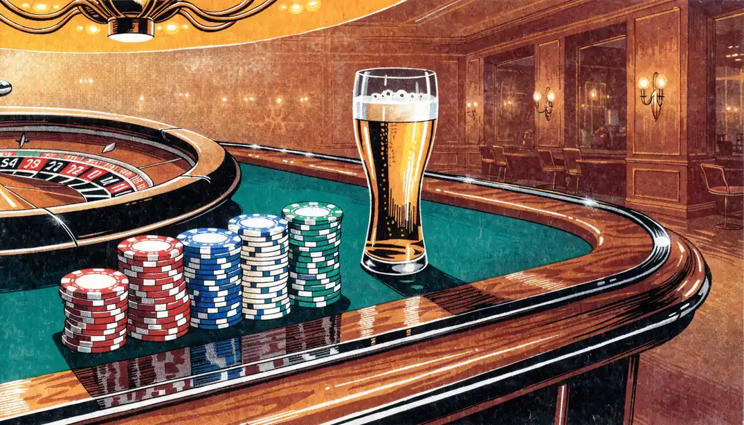 Gedeckter Spieltisch mit gestapelten Casino-Chips, Roulette-Rad und Bierglas in warmem Licht