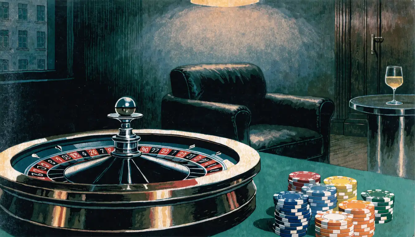 Roulette-Tisch mit Jetons in stimmungsvoller Lounge