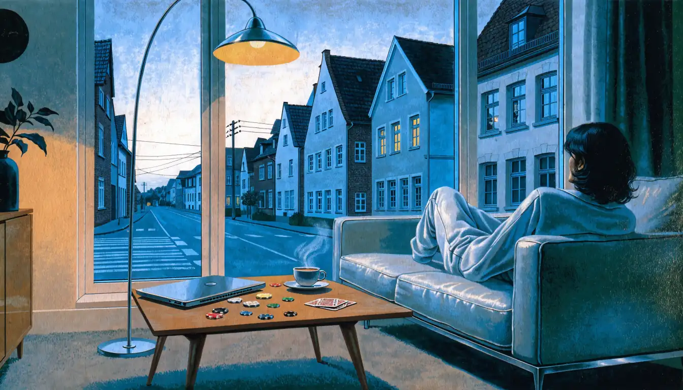 Junge Person entspannt auf Sofa in deutscher Wohnung mit Pokerchips und Laptop