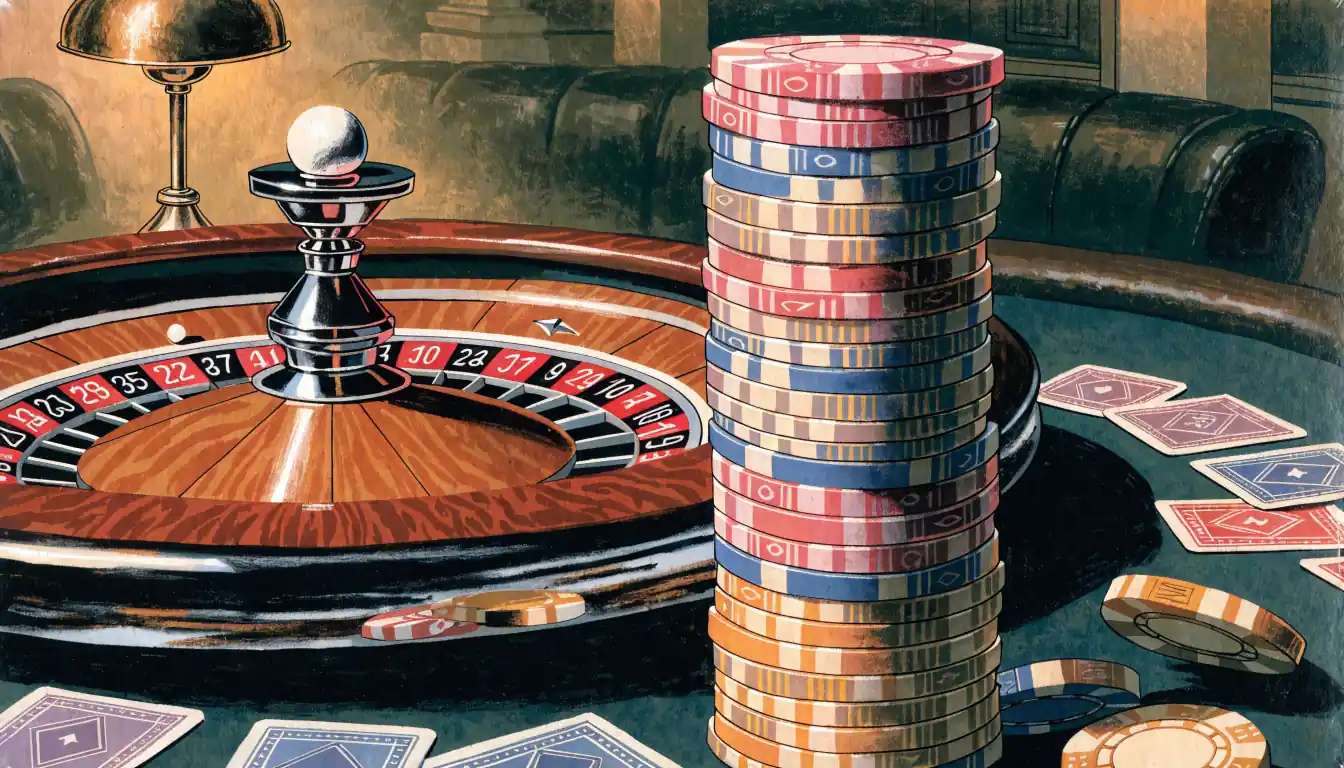 Stapel bunter Spielchips neben Roulettekessel auf dunklem Filz-Tisch mit warmem goldenem Licht