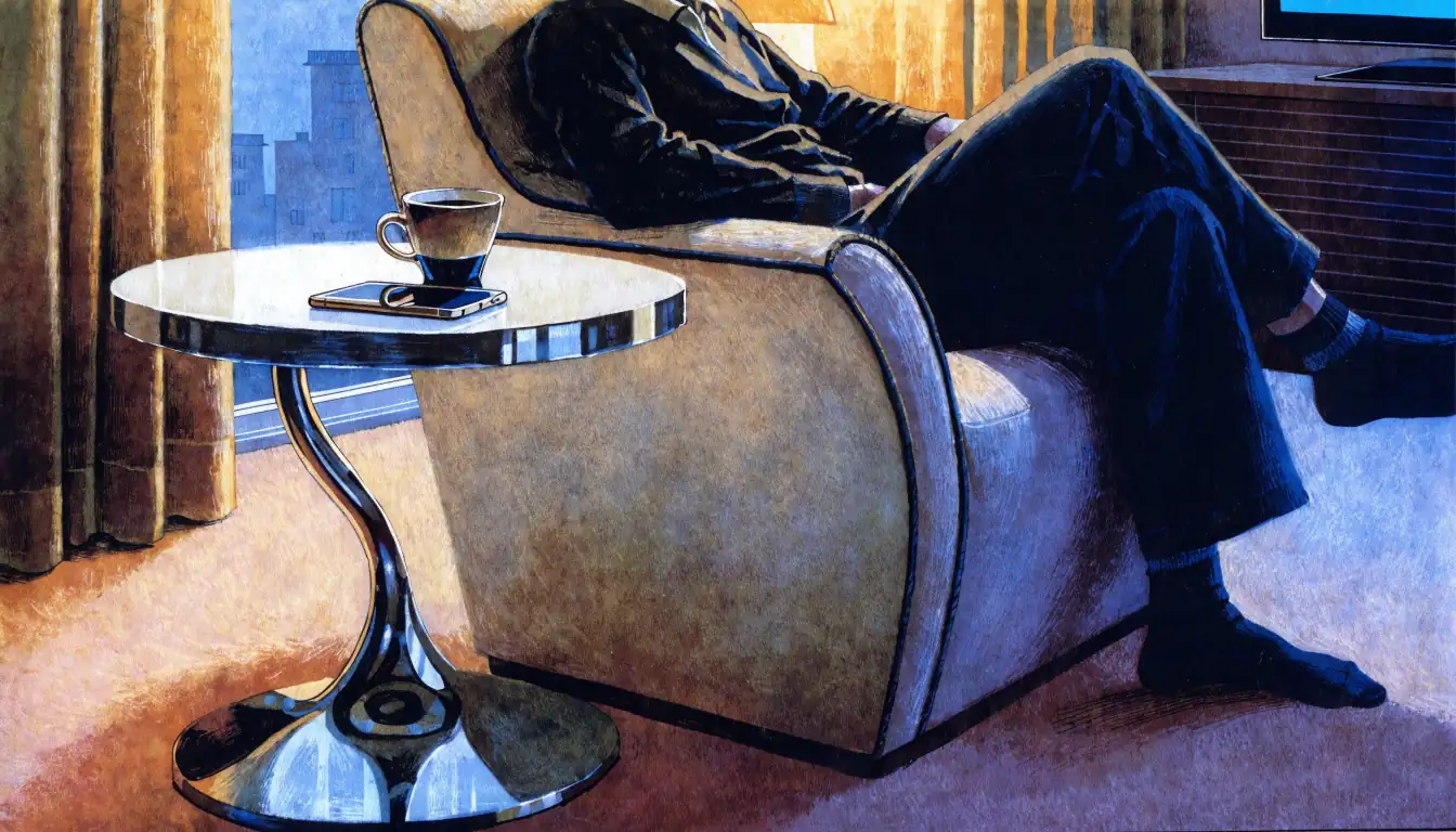 Abendliche Wohnzimmeratmosphäre in einer deutschen Wohnung mit Smartphone auf dem Tisch.