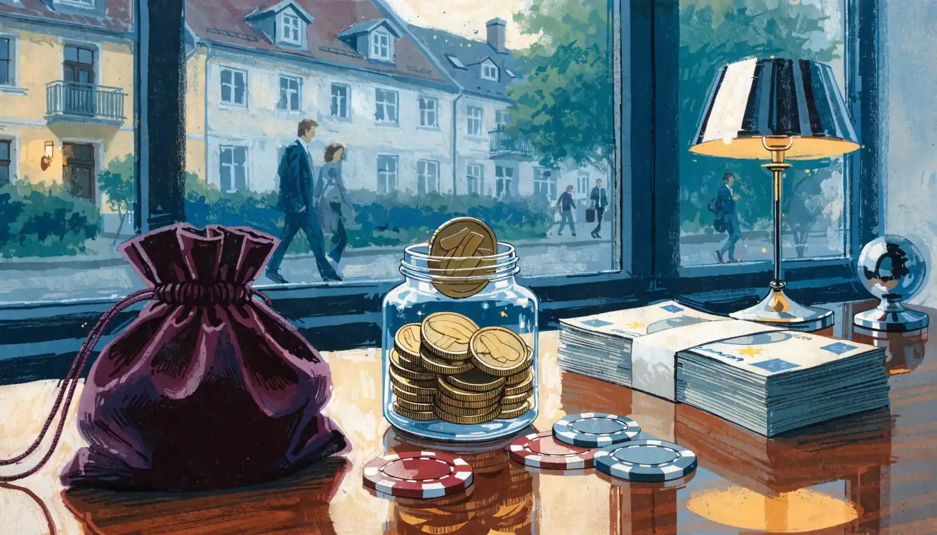 Goldmünzen im Glas, Casino-Chips und Euro-Banknoten auf einem Tisch
