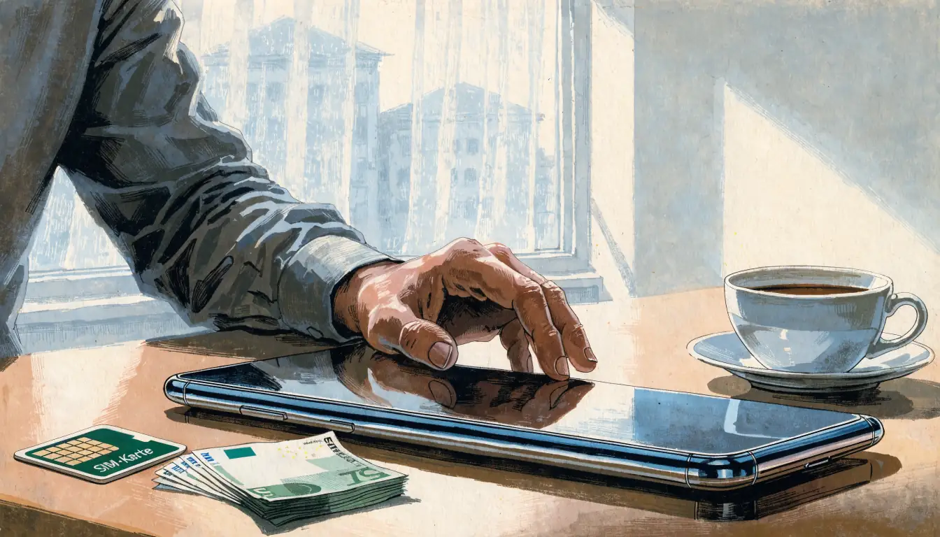 Smartphone auf einem Tisch mit SIM-Karte und Euro-Scheinen daneben