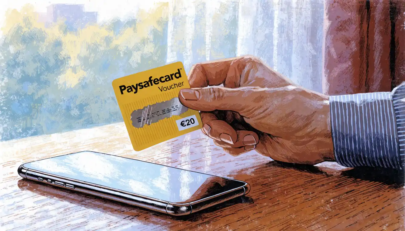 Hand hält gelben Paysafecard-Gutschein mit freigerubbeltem Code auf einem Schreibtisch neben einem Smartphone.