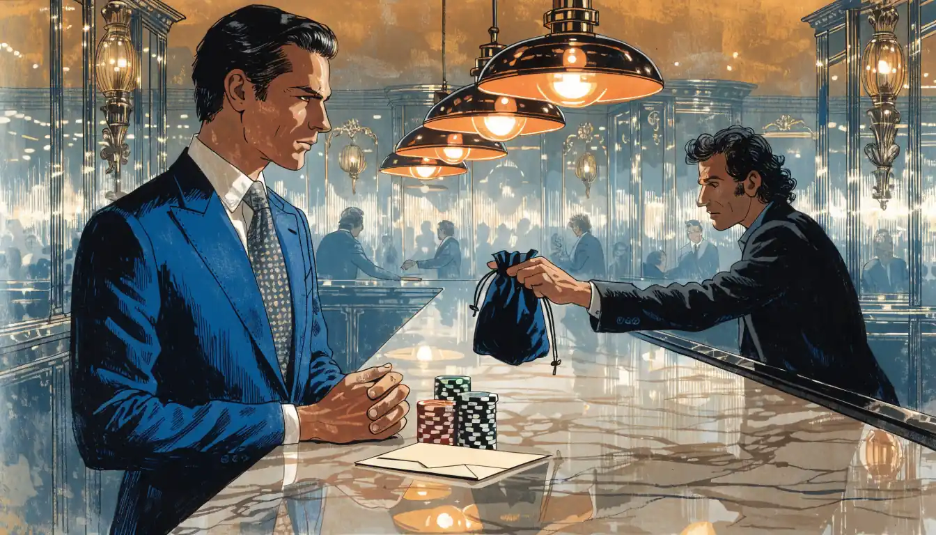 Gut gekleideter Mann an der Bar einer eleganten Spielbank, der einen Samtbeutel vom Barkeeper erhält