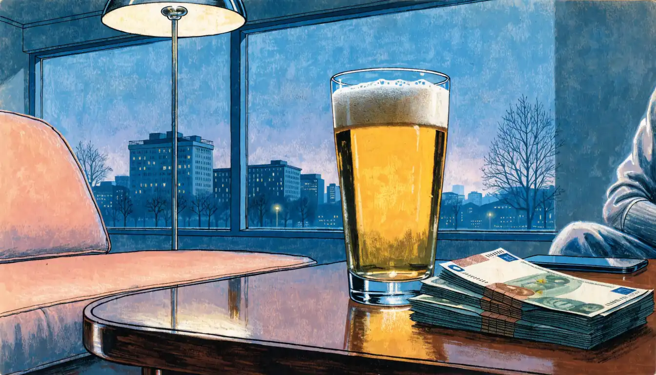 Abendliches Wohnzimmer mit Bier, Euro-Scheinen und Smartphone auf dem Tisch.