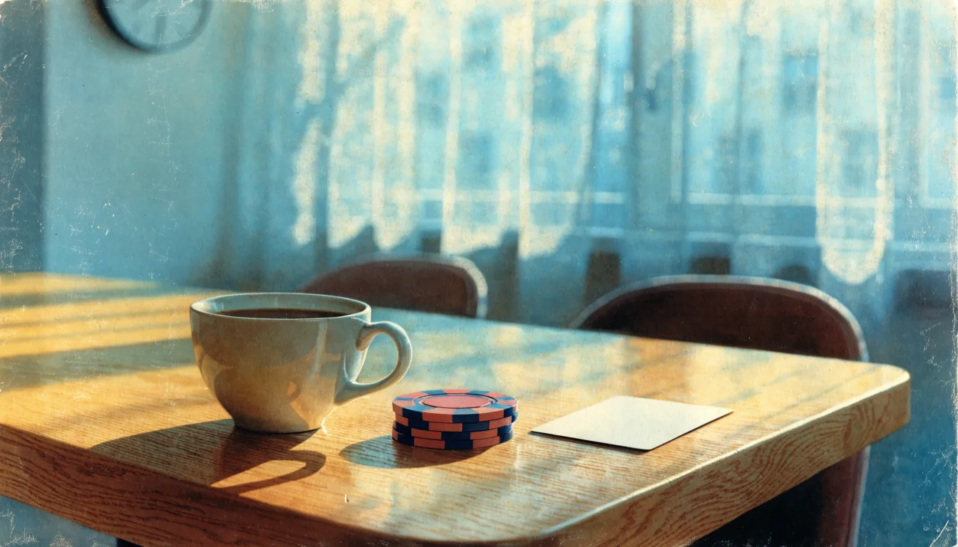 Kaffeetasse, Casino-Spielchips und verdeckte Spielkarte auf einem Holztisch, Wanduhr im Hintergrund