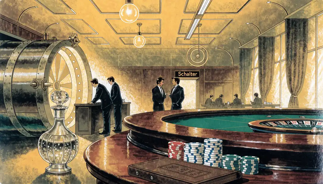 Elegante deutsche Casino-Lounge mit Roulette-Tisch, Chips und offenem Tresor