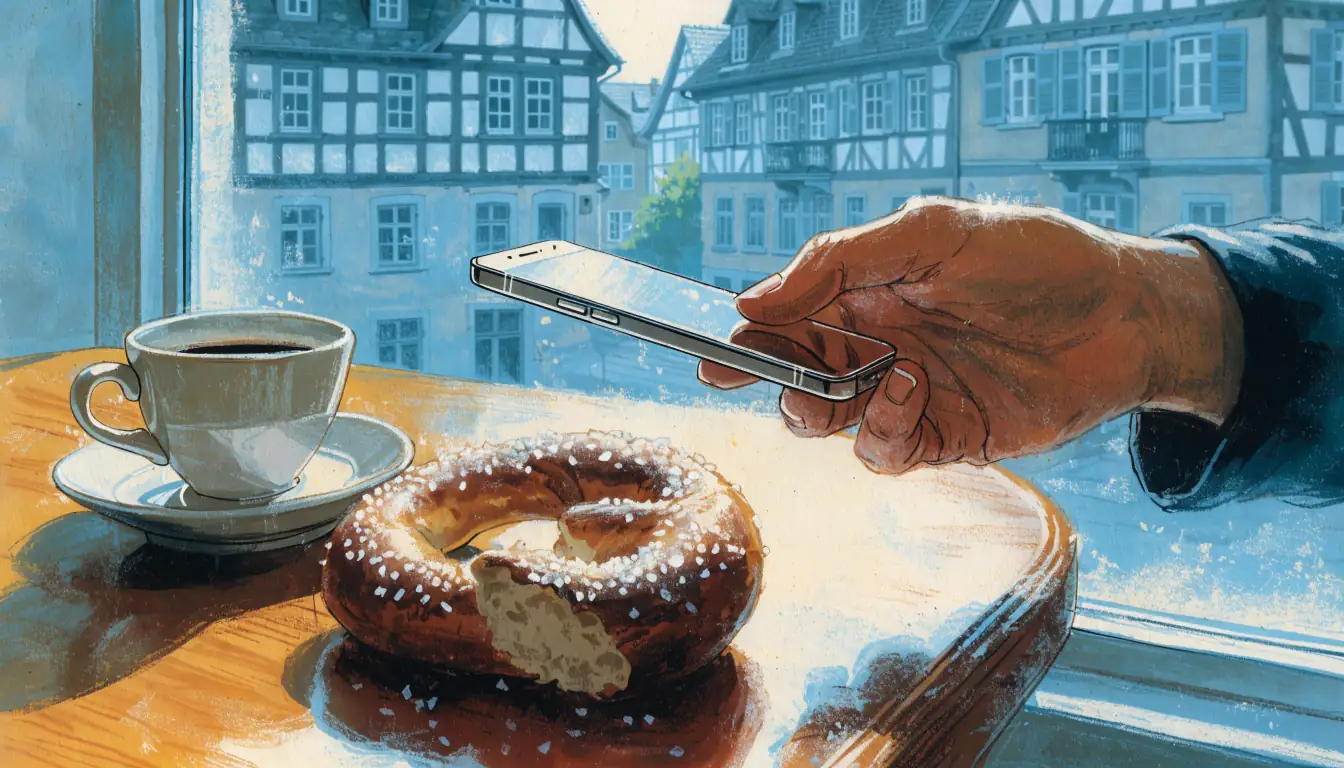 Smartphone und Hausschlüssel auf einem Tisch in einem deutschen Café