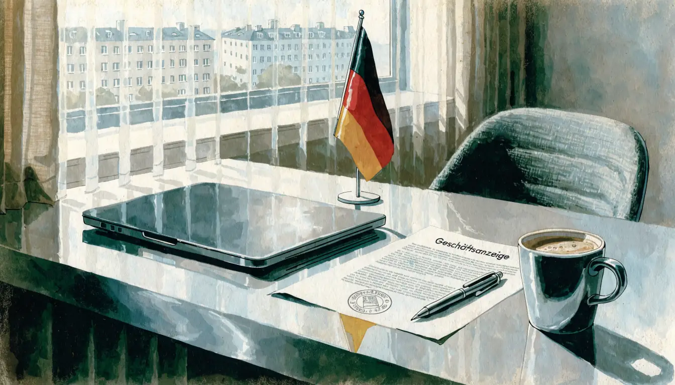 Schreibtisch mit Dokument, Stempel und kleiner Deutschlandflagge in hellem Zimmer