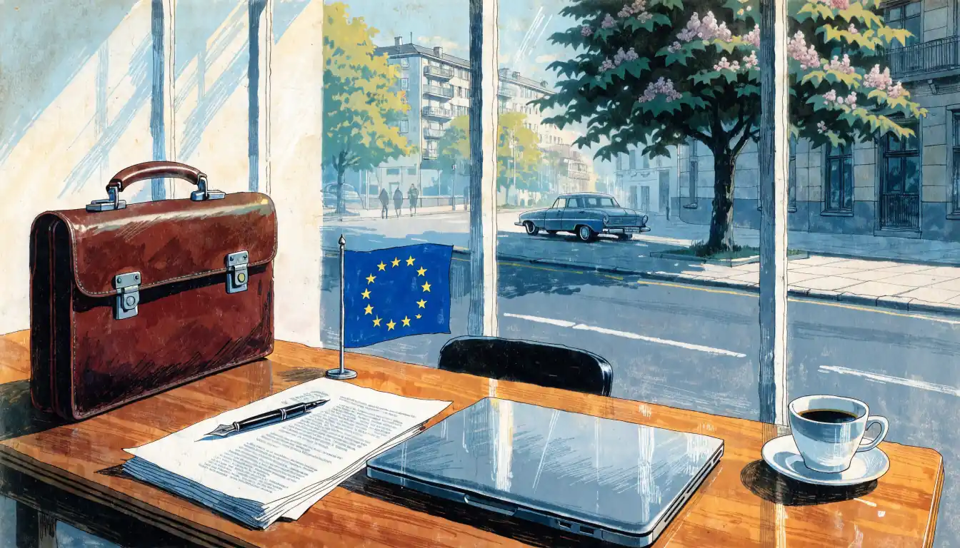 Schreibtisch mit juristischen Dokumenten, Aktenkoffer und EU-Fahne im Tageslicht