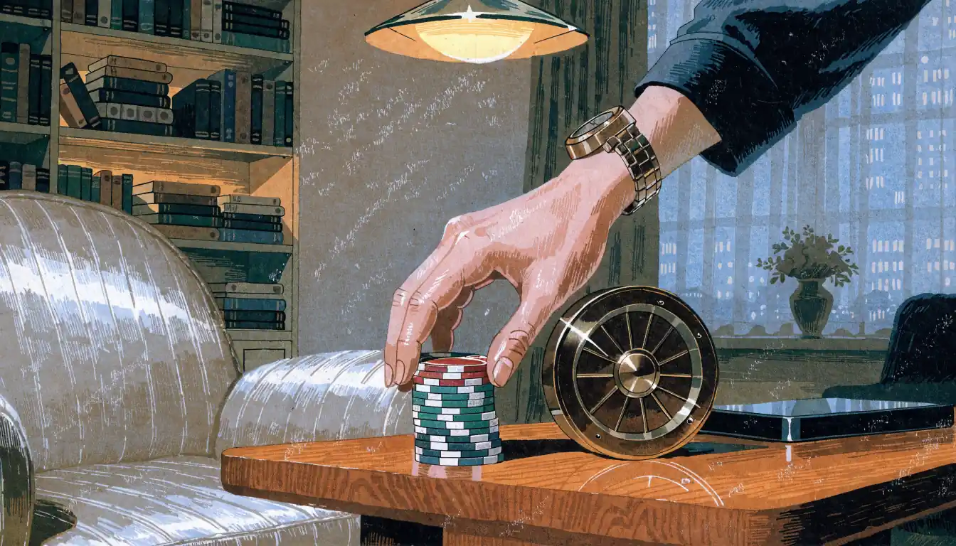 Gemütlicher deutscher Wohnraum mit Casino-Chips und Roulette-Detail