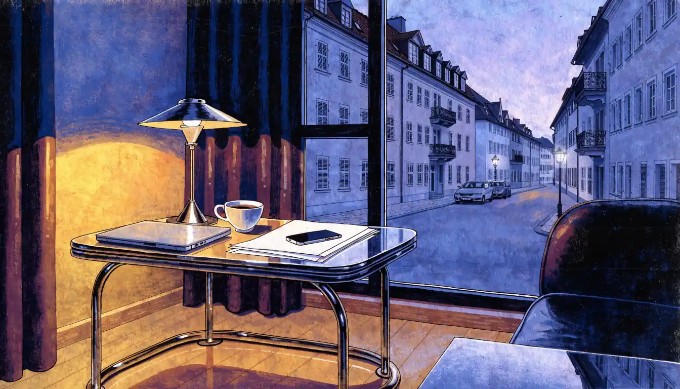 Abendlicher Blick in ein Münchner Wohnzimmer mit geschlossenem Laptop und Smartphone auf dem Schreibtisch.