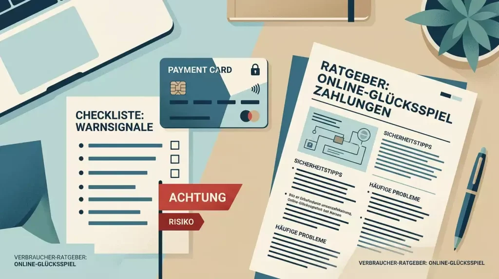Ruhige Gegenüberstellung von Zahlungslogo, Warnsignal und amtlichem Prüfpunkt